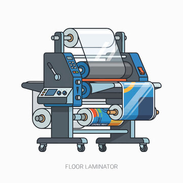 A flatbed floor laminator machine with rolls of film and a printed graphic ready for lamination.