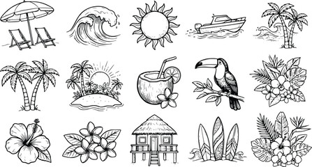 Obraz premium Tropical island vacation icons set including palm trees, surfboards, and cocktails