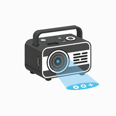 Fototapeta premium A compact, portable projector with a handle, projecting a blue light beam with icons for media and settings.