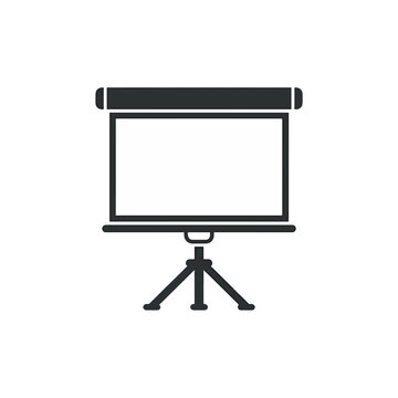 A simple, black and white illustration of a tripod-mounted projector screen, often used for presentations or home theaters.