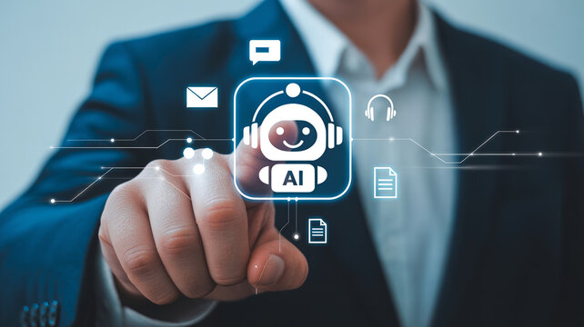 A businessman in a suit points a finger at a glowing AI chatbot icon surrounded by communication and information symbols.