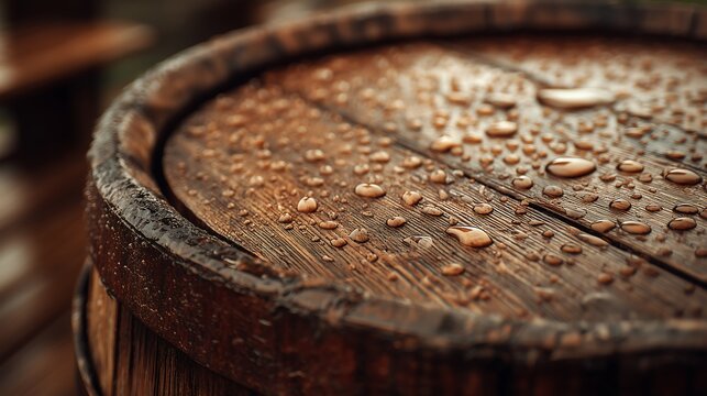 Wooden barrel with water droplets on surface, weathered outdoor texture concept featuring rustic vintage craftsmanship and natural aged wood detail.
