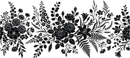 Black floral border design with flowers and leaves illustration © Rekon