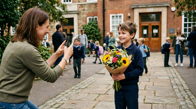 Mother taking photo of kid with flower bouquet on school day. Happy schoolboy in uniform holding gift for teacher. Parent capturing back to school moment outdoors. Family pride concept.