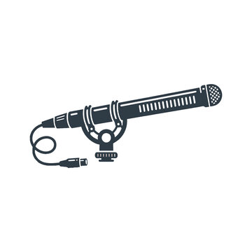 Stylized illustration of a shotgun microphone on a shock mount with cable and connector.
