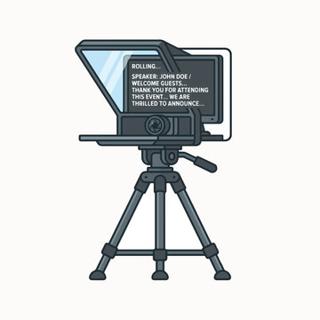 Teleprompter setup with a camera on a tripod. The screen displays a speaker introduction and welcome message for an event.