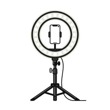 A selfie ring light on a tripod with a smartphone mounted in the center, illuminated by the light.