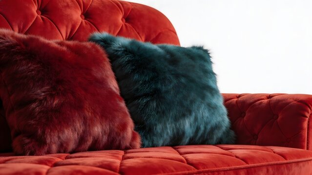 Red sofa with fur pillows