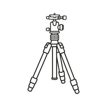 A line drawing of a camera tripod with a ball head, isolated on a white background.