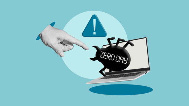 Zero day attack cybersecurity concept featuring unknown software vulnerability exploitation, hacker intrusion, malware threat, data breach risk, network security failure, and cyber defense