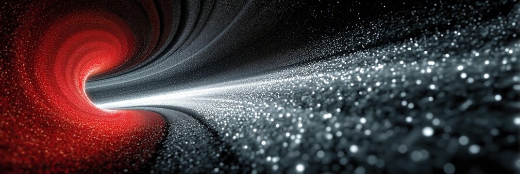 Red and black swirling particle tunnel vortex, cosmic space fantasy effect for sci-fi book cover, technology advertisement, motion graphics, and horror fantasy adventure, stranger mystery