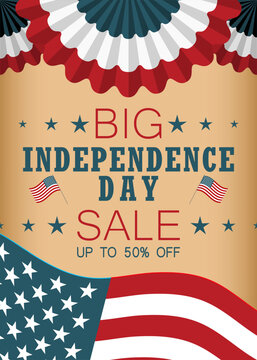 4th of July Independence Day big sale vector vertical banner. Vintage background with USA flag, bunting, and stars. Discount offer poster template for retail promotion and advertising.