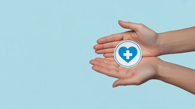 Two open hands delicately hold a white circular badge featuring a blue heart symbol with a white cross inside, representing healthcare and well-being a soft blue background.