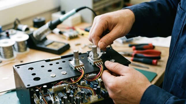 Closeup medium shot focusing on frontpanel rotary encoders being connected and fastened on a function generator emphasizing detailed electronics craftsmanship.