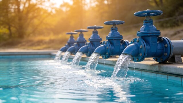 Blue valves releasing water into pool