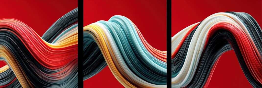 Dynamic colorful flowing ribbon waves in red black white blue, bold 3D fluid abstract art for modern poster, business presentation, website hero section, horror fantasy adventure, stranger mystery