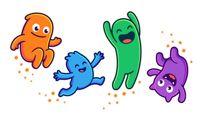 Naklejka premium Colorful Monster Characters Jumping and Playing on White Background