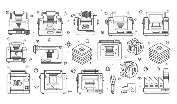 Modern additive manufacturing and 3D printer outline icon collection vector design