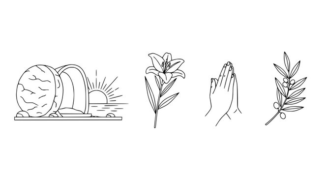 Easter Symbols: Empty Tomb, Lily, Praying Hands, Olive Branch - Line Art Icons