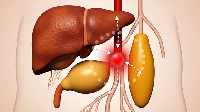 Medical illustration of abdominal organs and blood vessels