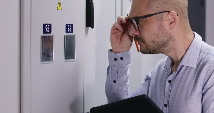 Attentive engineer compares readings of technical meter with handwritten data in official document. Serious worker methodically verifies utility counter readings
