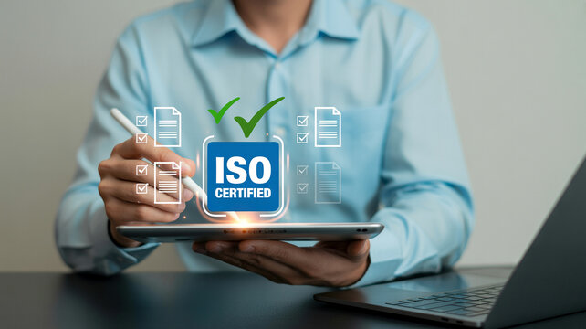 A person in a blue shirt reviews a tablet displaying an 'ISO CERTIFIED' badge with checkmarks and document icons, signifying adherence to standards.