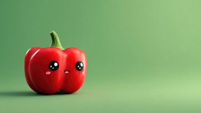Cute cartoon red bell pepper with smiling face on green backdrop