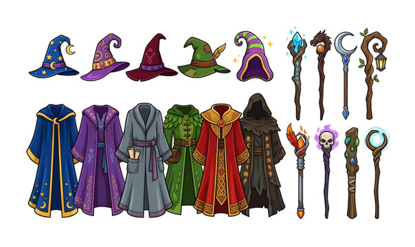 Collection of Fantasy wizard robes and magical wands.