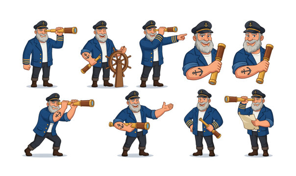 Collection of Cartoon sailor holding wooden telescope.