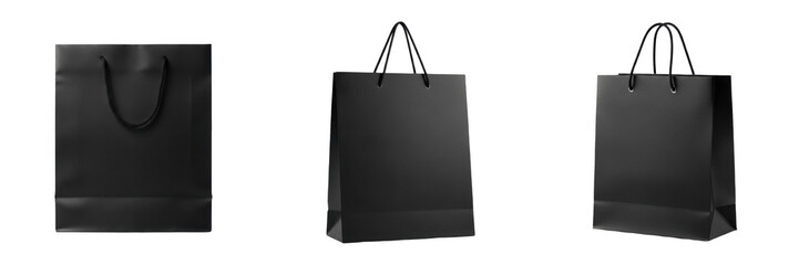 Set of Matte Black Shopping Bags Luxury Retail Gift Packaging PNG Collection 