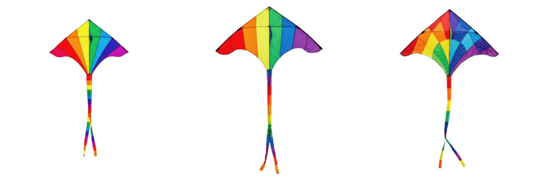 Set of Colorful Flying Kites with Rainbow Tails Outdoor Toys PNG Collection

