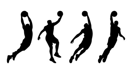 Basketball player dunk silhouette set, Basketball slam dunk vector icons, Basketball dunking players silhouette, Jump slam dunk silhouette collection, Jump slam dunk silhouette collection © Dream Graphics