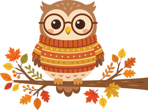 Charming autumn owl character wearing stylish glasses and a cozy sweater perched on a branch with colorful fall leaves on white background.
