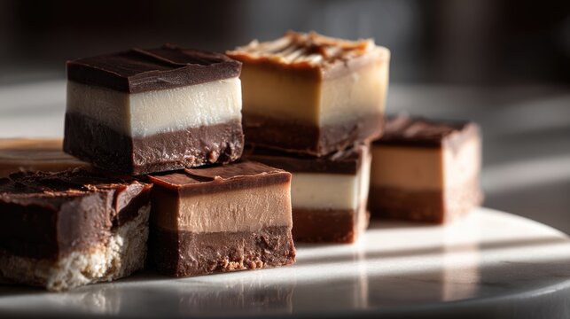Delicious layered chocolate fudge squares arranged on a white pl