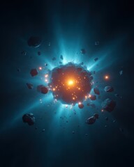 Fototapeta premium Asteroid Explosion with Glowing Energy Core in Dark Deep Space Background.