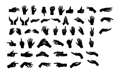 Fototapeta premium Hand gestures silhouettes mega set. Vector black arm signs and poses on white.