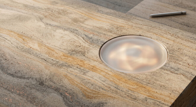 Abstract textured stone desk with a glowing frosted glass circular inset and a sleek metallic pen