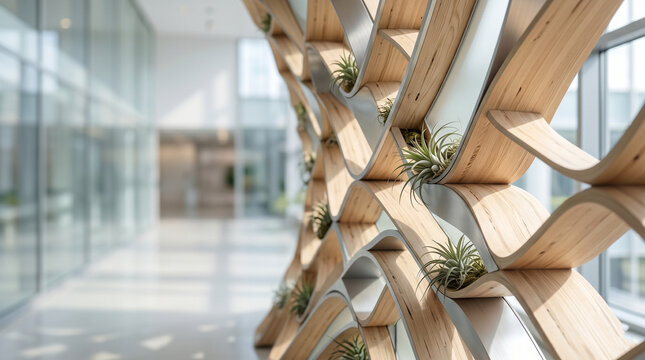 Modern biophilic interior featuring an organic parametric wooden partition with green plants in a bright sunlit corridor.