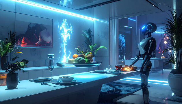 Futuristic robot butler serving glowing pulsating fruits on a levitating platter in a modern neon-lit dining room