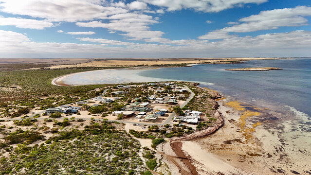 Eba Anchorage, South Australia Coastline &ndash; 4K aerial drone view of coastal settlement, beach, residential houses, tidal flats and Spencer Gulf shoreline