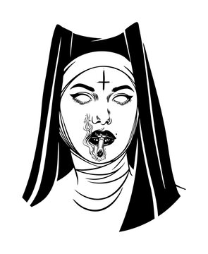 Edgy smoking nun with cross on forehead tattoo design