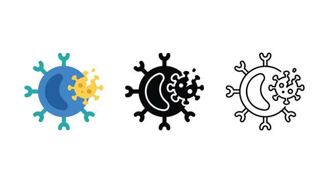 Phagocytosis icon set depicting white blood cell destroying virus pathogen during immunity.