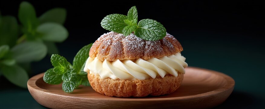 Vanilla cream puff dessert resting like a fluffy cloud on a rustic wooden board