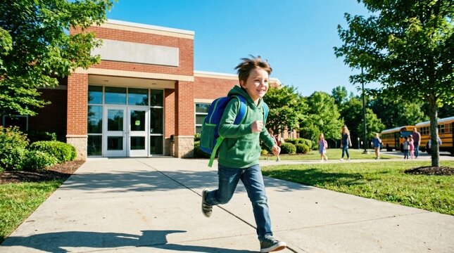 Child running out of school with excitement on sunny day  