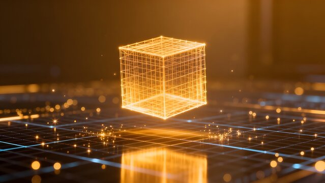 Glowing wireframe cube on grid