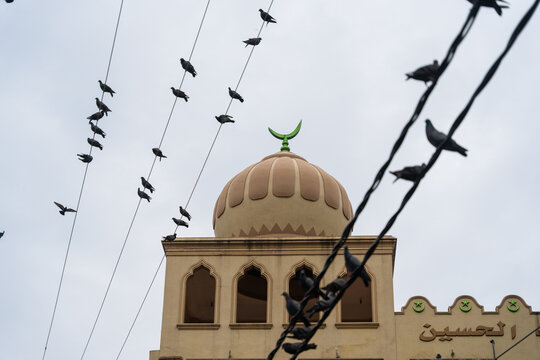 View of a mosque dome with a green crescent moon finial and pigeons perched on overhead power lines against an overcast sky in Galle, Southern Province, Sri Lanka.