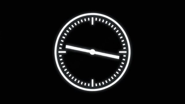 Minimalist clock animation on black background with white glowing elements and hands