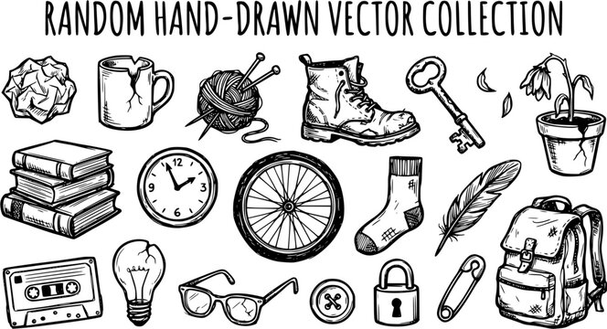 Hand-Drawn Vector Collection of Random Everyday and Vintage Objects. Black and White Line Art Sketchy Style for General Lifestyle Designs and Concepts.