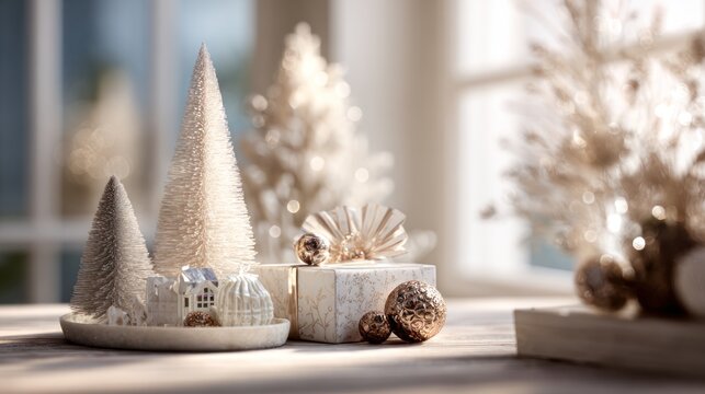 Elegant Christmas Decorations Displayed on a Wooden Table with Warm Natural Light