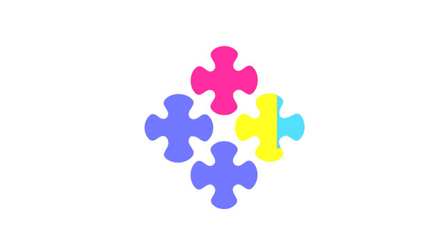 Four colorful interlocking puzzle pieces on white background